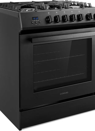30 in. Nebula Coll 5.0 cu. ft. 5 Burner Gas Range, Convection, Matte Black | Cosmo COS-305AGC-BK Cast Iron Grates, Digital Display with Timer, Metal Knobs, Liquid Propane Convertible, Wok Ring