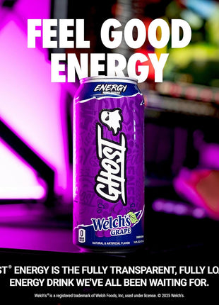 GHOST Energy Drink, Zero Sugars, 12-Pack, Welch's Grape, 16oz | Energy & Focus Pre Workout Drink, No Artificial Colors, Gluten-Free, Vegan - 200MG Natural Caffeine, L-Carnitine, Taurine