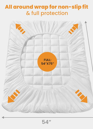 MATBEBY Full Size Mattress Pad - Cooling Breathable Mattress Topper, Quilted Fitted Mattress Protector, Pillow Top Mattress Cover with 8-21" Deep Pocket, Soft, Machine Washable, White, 54x75 Inches