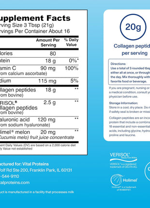 Vital Proteins Collagen Peptides for Women, Unflavored, 11.9oz | VERISOL® & Holimel®, 20g Collagen Peptides, Supports Skin Appearance, Vitamin C & Hyaluronic Acid, 16 Servings