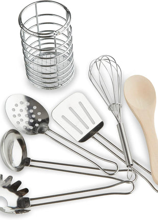 Melissa & Doug Stir & Serve Cooking Utensils (7 pcs) - Stainless Steel & Wooden Play Kitchen Accessories, Preschool Learning Toys for Girls & Boys 3+