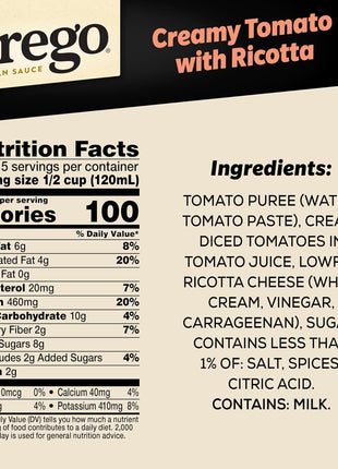 Prego Creamy Tomato Pasta Sauce With Ricotta Cheese, 24 oz Jar