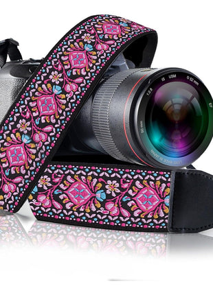 Camera Strap - Shoulder, Crossbody & Neck Camera Strap for Photographers, Fits All Cameras, Canon Nikon Sony Fujifilm, Padded Strap W/ Quick Release, Embroidered Cotton & Leather Ends, Blue