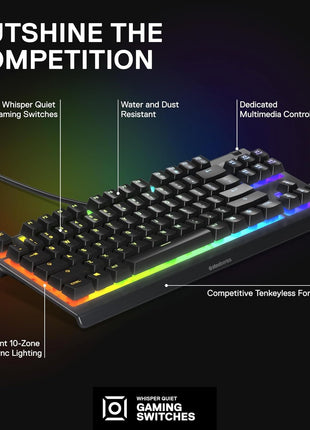 SteelSeries Apex 3 TKL RGB Gaming Keyboard – Tenkeyless Compact Form Factor - 8-Zone RGB Illumination – IP32 Water & Dust Resistant – Whisper Quiet Gaming Switch – Gaming Grade Anti-Ghosting,Black