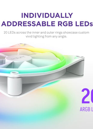 NZXT F120 RGB Duo - 120mm Dual-Sided RGB PC Case Fan - White | 120mm dual-sided RGB fan with 20 addressable LEDs. Balanced airflow and static pressure, CAM-synced lighting.