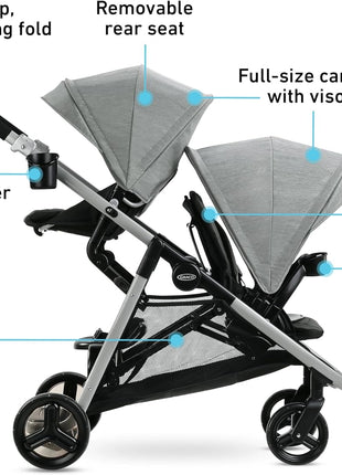 Graco Ready2Grow LX 2.0 Double Stroller, Twin Baby Stroller Features Bench Seat and Standing Platform Options, Compact Fold Perfect for Baby Travel, Clark