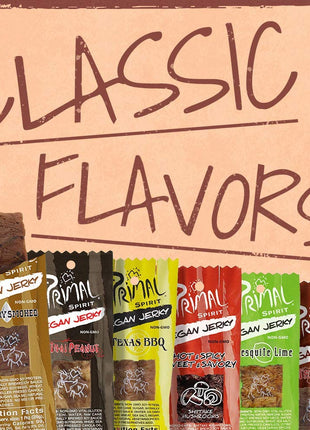 Primal Spirit Vegan Jerky - Most Popular Flavors Pack, 10 g. Plant Based Protein, ( inchThe Classics inch 3 Teriyaki, 3 Hickory Smoked, 3 Texas BBQ, 1 Thai Peanut, 1 Hot & Spicy, 1 Mesquite Lime, 12-Pack, 1 o