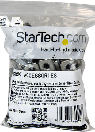 StarTech 50-Pack M6 12mm Screws, Square Hole Cage Nuts and Installation Tool, Hardware Mounting Kit for 19 inch or 10 inch Server Racks, Cabinets and Enclosures, Silver - TAA