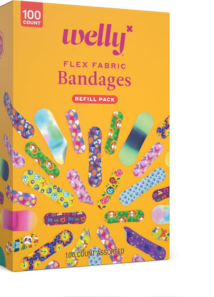 Welly Bravery Badge Value Pack | Adhesive Flexible Fabric Bandages | Assorted Shapes and Patterns for Minor Cuts, Scrapes, and Wounds - 100 Count