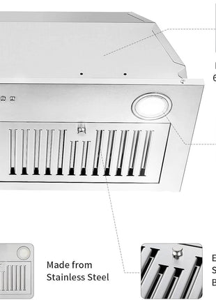 Range Hood Insert 30 inch,Stainless Steel Kitchen Vent Hood 600CFM,Built-in Kitchen Stove Hood w/Front Button Controls and Front LED Lights,Baffle Filters,Ducted/ductless Convertible Duct