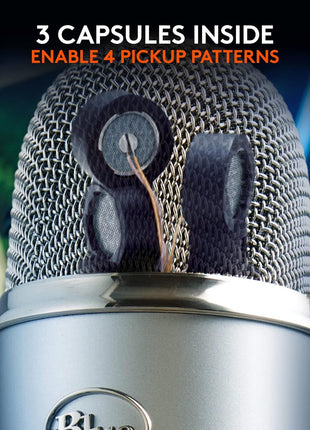 Logitech Creators Blue Yeti USB Microphone for PC, Mac, Gaming, Recording, Streaming, Podcasting, Studio and Computer Condenser Mic with Blue VO!CE Effects, 4 Pickup Patterns, Plug and Play - Silver