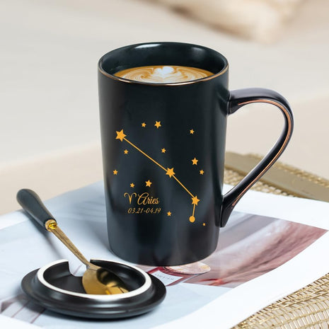 Aries Gifts for Women, Aries Zodiac Sign Star Gift for Girls Woman Men, March April Birthday Gifts for 12 Horoscope Astrology Lovers, 14 OZ Black with Gift Box Spoon Lid