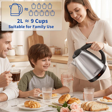 DEZIN Electric Kettle Upgraded, BPA Free 2L Stainless Steel Tea Kettle, Fast Boil Water Warmer with Auto Shut Off and Boil Dry Protection Tech for Coffee, Tea, Beverages