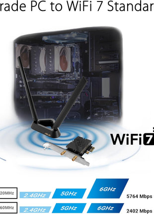 ASUS PCE-BE92BT WiFi 7 PCI-E Adapter with 2 External Antennas. Supporting 6GHz Band, 320MHz, Bluetooth 5.4, WPA3 Network Security, OFDMA and MU-MIMO, only Compatible with Intel motherboards