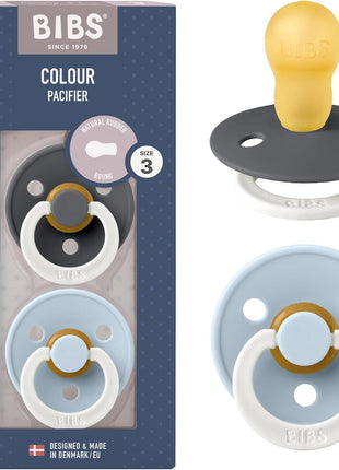 BIBS Pacifiers Colour Collection | Natural Rubber Baby Pacifier | Set of 2 BPA-Free Soothers | Made in Denmark | 0+ Months (Pack of 2) | Dusty Blue/Steel Blue