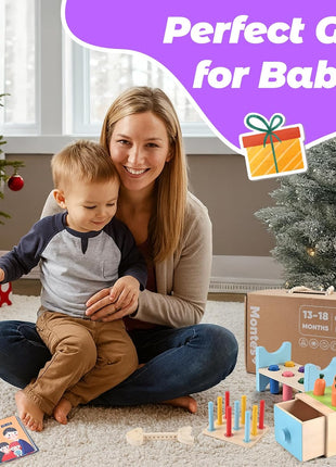 Montessori Toys for 1+ Year Old, 9-in-1 Learning Educational Toys | Wooden Montessori Toys with 3-in-1 Activity Box, Pound Bench, Shape Puzzle, Cloth Books, Fishbone Matching & Ring Stacker