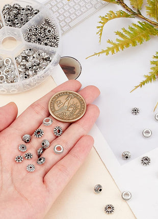 PH PandaHall 300pcs 6 Style Antique Silver Spacer Beads, Tibetan Metal Alloy Tube Spacers Flower Flat Rondelle Small Loose Beads for Bracelet Necklace Earring Jewelry Making Supplies