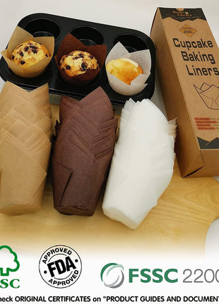 Bake Choice 200pcs Natural Tulip Cupcake Liners for Baking Muffin Liners | Unbleached European Parchment Paper, Heat-resistant, Greaseproof, Cupcake Wrapper for Party, Christmas, Gift