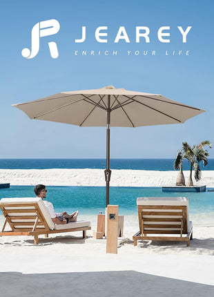 JEAREY 9FT Outdoor Patio Umbrella Outdoor Table Umbrella with Push Button Tilt and Crank, Market Umbrella 8 Sturdy Ribs UV Protection Waterproof for Garden, Deck, Backyard, Pool (Beige)