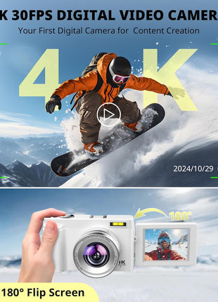 Duluvulu 4K Digital Camera for Photography Autofocus, 2026 Latest 48MP Vlogging Camera for YouTube with SD Card, 2 Batteries, 3" 180°Flip Screen Compact Travel Camera for Teens with 16X Zoom,Off White