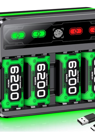 Mocagen 4 Pack 6200mAh Rechargeable Battery Pack for Xbox Series X|S/Xbox One/Elite Controller Charger Station with Touch-Sensor Light Strip, 30+hrs Playtime, Overcharge Protection