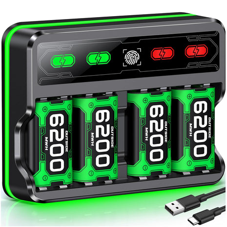 Mocagen 4 Pack 6200mAh Rechargeable Battery Pack for Xbox Series X|S/Xbox One/Elite Controller Charger Station with Touch-Sensor Light Strip, 30+hrs Playtime, Overcharge Protection