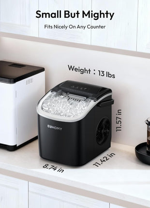 EUHOMY Countertop Ice Maker Machine with Handle, 26lbs in 24Hrs, 9 Ice Cubes Ready in 6 Mins, Auto-Cleaning Portable Ice Maker with Basket and Scoop, for Home/Kitchen/Camping/RV. (Black)