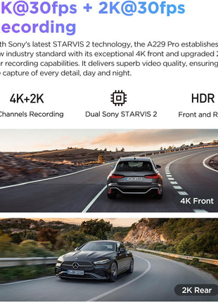 VIOFO A229 Pro 4K HDR Dash Cam, Dual STARVIS 2 IMX678 IMX675, 4K+2K Front and Rear Car Camera, 2 Channel with HDR, Voice Control, 5GHz WiFi GPS, Night Vision 2.0, 24H Parking Mode