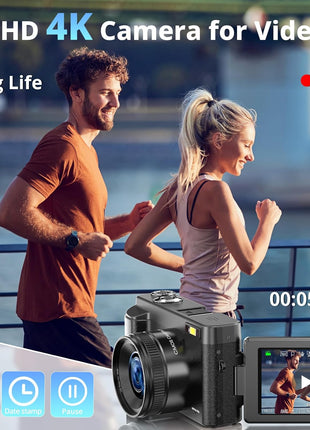 4K Digital Camera for Photography and Video, Autofocus 48MP Vlogging Camera for YouTube with 3'' 180°Flip Screen 16X Zoom Compact Travel Cameras with SD Card, 2 Batteries, Anti-Shake, Flash (Black)