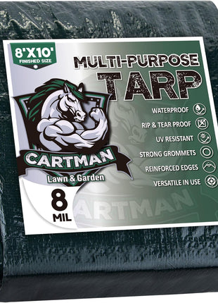 CARTMAN 8x10Ft Multipurpose Waterproof Poly Tarp Cover 8 Mil, Green | Reinforced edges, metal grommets every 36in, 10x10 weave, fits camping, emergency shelter, outdoor gear & cargo protection