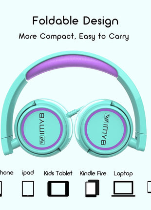 IMYB V1 Kids Headphones, 85dB Safe Volume for School, Toddler 2-12, Adjustable Foldable Durable Wired Cord, iPad Kindle Tablet Chromebook 3.5mm On-Ear for Boys Girls Teens Travel Plane (Green)