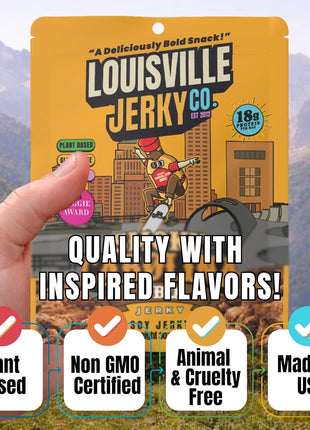 Louisville Jerky Co. Sweet & Smoky Carolina Mustard BBQ Vegan Jerky, Plant Based Protein Snack (3 Ounce, 1-Pack) – Smoky Southern BBQ Flavor, Gluten-Free, Vegetarian