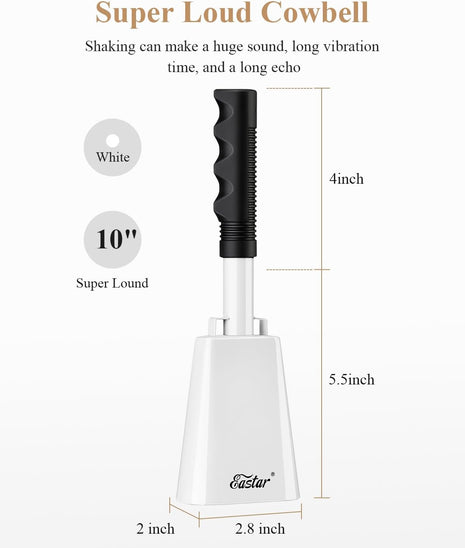 Eastar Cow Bell with Handle, 2 Pack Cowbells for Sporting Events, 10 Inch Cowbells Noise Makers Cheering Bell for Football Games, Stadiums, Halloween Gifts, White