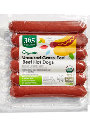 365 by Whole Foods Market, Organic Uncured Grass Fed Beef Hot Dogs, 12 oz