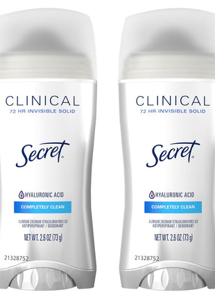 Secret Clinical Strength Invisible Solid Antiperspirant Deodorant for Women, 100HR Sweat & Odor Protection, 3X Stress Protection with Hyaluronic Acid, PH Balanced, Completely Clean Scent, 2.6 oz