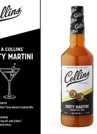 Collins Dirty Martini Mix, Made With Real Olive Brine for the Bold Flavor You Need, Classic Cocktail Recipe Ingredient, Bartender Mixer, Drinking Gifts, Home Cocktail bar, 32 fl oz