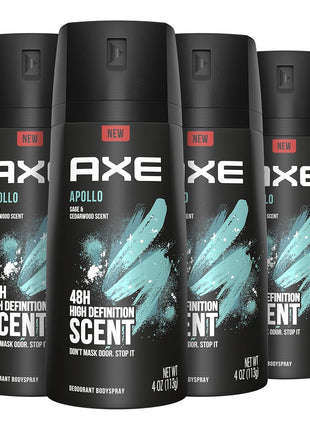 AXE Apollo Body Spray Deodorant for Long-Lasting Odor Protection, Sage & Cedarwood Deodorant for Men Formulated Without Aluminum 4oz 4 Count