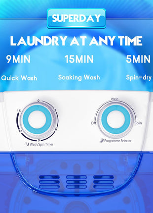 Superday Mini Portable Washing Machine, Single Tub Compact Washing Machine with Spin Cycle, 6.6LBS Washing Capacity Small Electric Washer Machine for Home, Apartments, Outdoor, RV, Dormitory, Blue