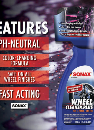 SONAX Wheel Cleaner Plus 230400 | Non-Acid, Color-Changing Rim Cleaner for Brake Dust, Grime, and Dirt Removal | Safe for All Wheels and Finishes | Powerful Deep Cleaning Formula | 750ml (25oz)