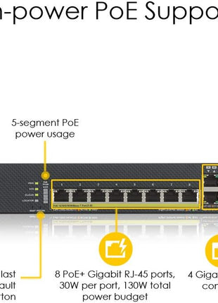 Zyxel 8 Port Network Ethernet Switch | Smart Managed | PoE+ | GS1920-8HPV2 | 8x GbE PoE+ with 130W Budget + 2x Combo RJ-45/SFP, Fanless, NebulaFlex, VLAN, QoS, Wall Mount Kit Included, TAA Compliant