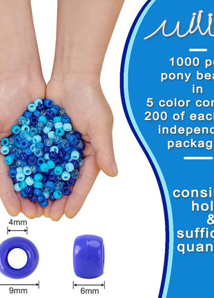 MIIIM 1000PCS 6x9mm Pony Beads Bulk, 5 Styles Blue Pony Beads for Bracelets Making Kit, Kandi, Hair Braids Crafts for Jewelry Making (Blue)