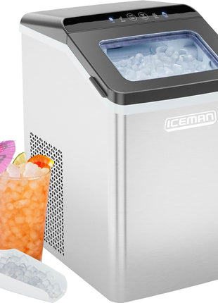 Iceman Pebble Ice Machine, Countertop Nugget Ice Maker Produces Chewable Pellet Ice in 20 Minutes, Makes 33lbs/Day, with One-Touch Cleaning Function and Ice Scoop/Basket Included – Stainless Steel