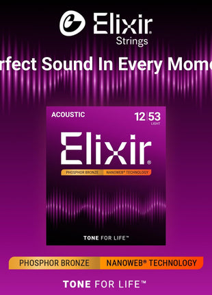 Elixir Strings, Acoustic Guitar Strings, Phosphor Bronze with NANOWEB Coating, Longest-Lasting Rich and Full Tone with Comfortable Feel, 6 String Set, Light 12-53
