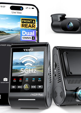 VIOFO A229 Plus Dash Cam Front and Rear, Dual STARVIS 2 Sensors, 2 Channel HDR, 1440P+1440P Voice Control Car Dash Camera, 5GHz Wi-Fi, Voice Control, Ultra-Precise GPS