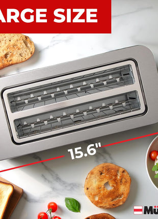 Mueller UltraToast Stainless Steel Toaster 4 Slice – Extra-Wide 1.6" Slots | For Artisan Bread, Bagels & Frozen Waffles, 6 Browning Levels, LED Display, Cancel/Defrost/Reheat, Removable Crumb Tray