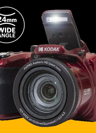 KODAK PIXPRO AZ425 Digital Camera, 42x Optical Zoom Bridge with 20MP BSI Sensor, Li-Ion Battery, OIS, 1080p Full HD Video, Red