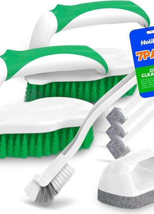 Holikme 7 Pack Deep Cleaning Brush Set, Scrub Pads with Scraper Tip for Pool Walls, Bathroom, Grout, Floor, Bike, Tub, Shower, Kitchen Surface (Green)