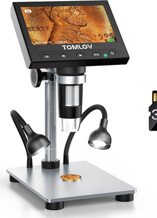 TOMLOV 1000X Coin Microscope with 4.3 inch Screen, Digital Microscope Magnifier with LED Lights, Metal Stand, PC View, Photo/Video, 32GB SD Card, Windows, macOS Compatible, DM4S