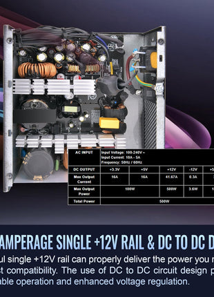 Smart W3 Series 80Plus Certified 500W Power Supply; ATX v3.1 Spec; 120mm FDB Fan; 5 Year Warranty; PS-SPW-0500NNFAWU-1