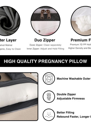 ALLOPERA Pregnancy Pillow, Full Body 57 Inch Maternity Pillow with Removable Washable Cover - Sleep Support for Legs, Back, Neck, Shoulder, HIPS, Belly for Pregnent Women, Black Grey Velvet Cover